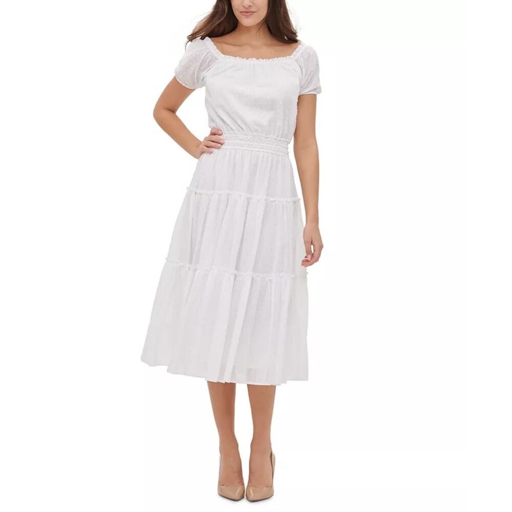 Tommy Hilfiger Cotton Puff Short Sleeve Tired Midi Dress White 10